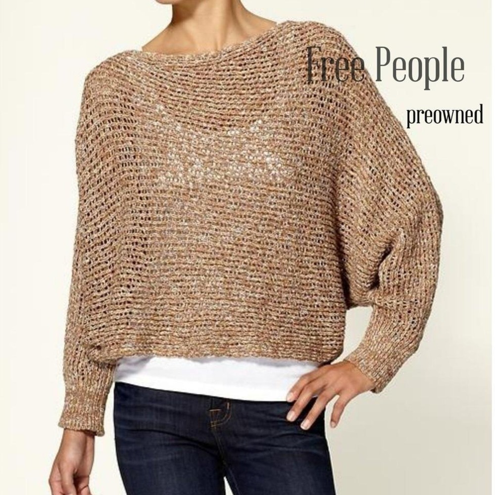 Free People Open-Knit Off-the-Shoulder Sweater in Tan-Brown